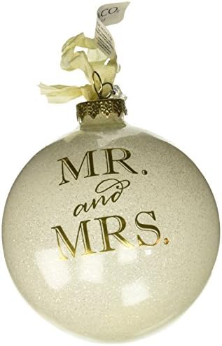 DEMDACO Mr. and Mrs. Glittered White 3.5 Inch Glass Hanging Holiday Ball Ornament