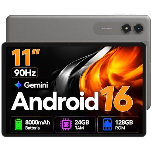 11 Inch Android 16 Tablet on Offer, 90Hz Display, 24GB(6+18) RAM 128GB ROM (2TB TF), Gemini AI Built-in, 8000mAh, 13MP + 8MP, Face ID, WiFi, GPS, IPS Eye Protection, 4 Year Warranty