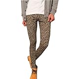 Mens Elastic Waist Leopard Prints Pants Leggings Beige Brown Mustard W26