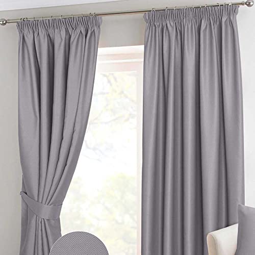 HOMESCAPES Grey Pencil Pleat Blackout Thermal Curtain Pair Width 117cm (46") x 182cm (72") Drop Herringbone Chevron Textured Retro Geometric Design. FREE SWATCHES.