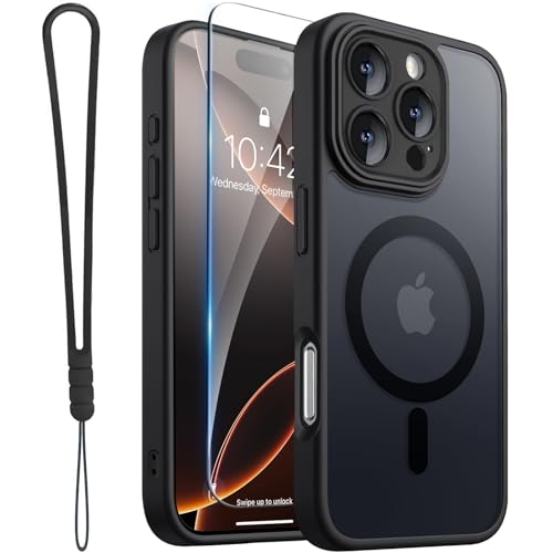 for iPhone 16 Pro Case Matte Clear Compatible with Magsafe, Screen Protector, Wrist Strap, Full Camera Lens Protection, Translucent Magnetic Slim Protective Phone Cover, 6.3-Inch, Black Glitter