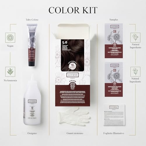 Lucens Umbria - 5.0 Light Brown, Ammonia-Free Hair Dye, Vegan Permanent Colouring Kit with Natural Extracts, Soothing, Moisturizing and Protective Action