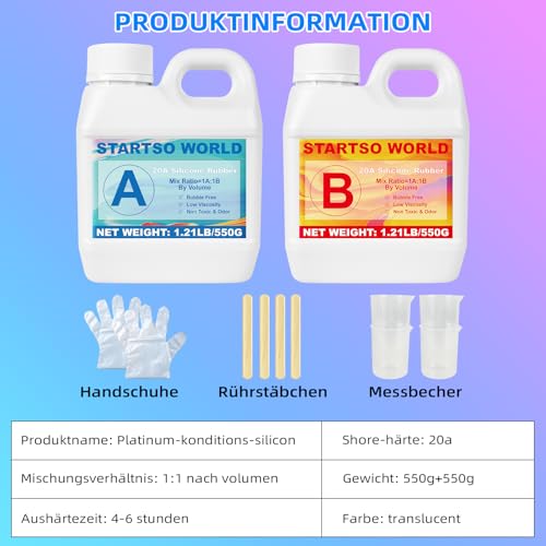 STARTSO WORLD Impression Silicone, 1L 20A Liquid Silicone/Casting Silicone, Translucent Silicone Rubber for Mould Making, Ideal for DIY Resin Moulds, Candle Mould, Soap Mould, Casting, Crafts