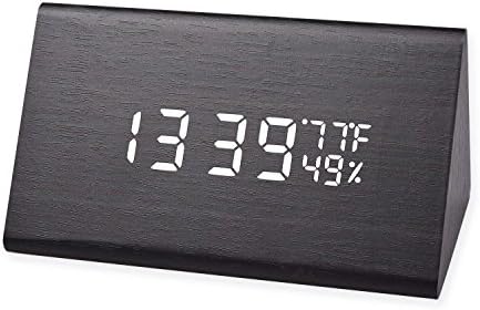 Wooden Digital Alarm Clock with LED Backlight/3 Levels Adjustable Brightness/3 Groups of Alarm Time/Displays Time,Date,Temperature and Humidity, Perfect Digital Clock for Bedroom, Living Room, Office