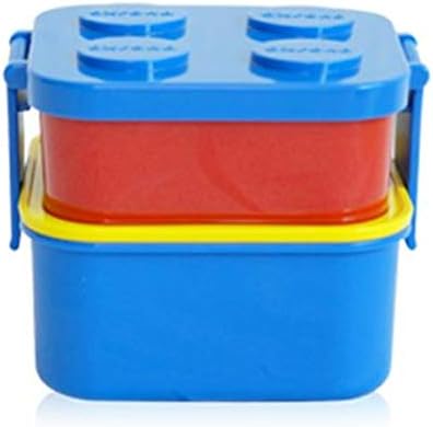 2 Layer Stackable Lunch Box and 1 Fork Set, Bento Box Container Salad Box Oxford Block Brick Design For Children Kids Family Picnic Travel (Blue Lid 2 Layer+Fork)