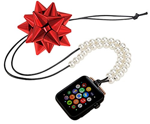 Apple Watch Necklace, Handmade Necklaces Accessories Adaptor for Apple Watch Series 1 2 3, Neck Strap Chain Fit Apple 42mm SmartWatch ALL Models [38 mm - Black Cord - Faux White Pearl]
