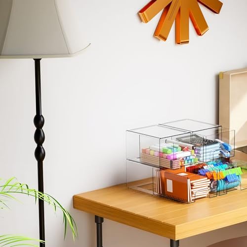 Clear Storage Organizer Drawers, Stackable Acrylic Cabinet Box with Anti-slip Pads, Small Plastic Drawer Organiser Bin for Kitchen, Bathroom, Makeup, Fridge, تخزين منظمات ادراج منظم, (4 PACK)