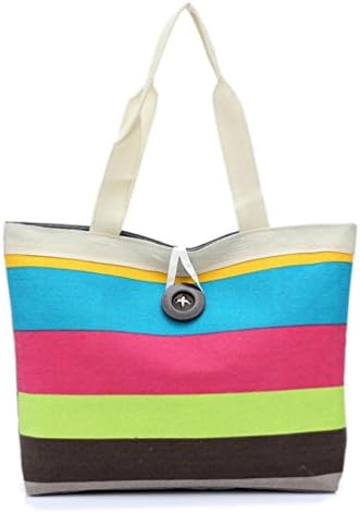 Luoluoluo Beach bag Girl Color Stripe Shopping Bag Summer Shoulder Canvas Bag Handbag