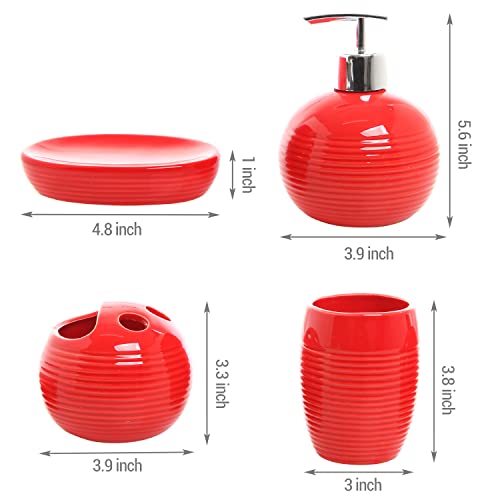 MyGift 4 Piece Red Ceramic Bathroom Accessories Set, Modern Round and