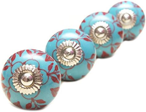 Pretty BLUE with RED Petals CERAMIC Door Knobs/Drawer Pulls from INDIA. SET of 4. (REK160032)
