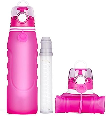 1000ml 35oz Silicone Eco-Friendly Portable Collapsible Foldable Water Bottle with Water Filtration Straw Lightwight Food Grade BPA Free Leak Proof Bottle for Travel Sports Outdoor Camping Hiking