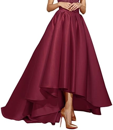 Fluorodine High Low Satin Skirt for Women High Waist Pleat A Line Dress US2 Burgundy