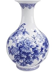 Dahlia Birds in Peony Bush Blue and White Bone China Flower Vase, Chinese Bottle Shaped