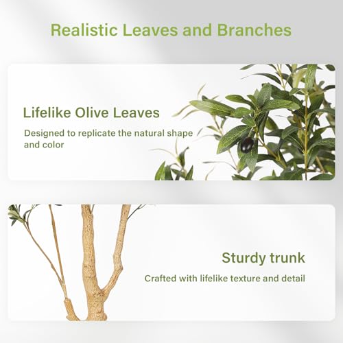 FEELEAD Olive Trees Artificial Indoor 6ft with Planter – Faux Olive Tree with Natural Wood Trunk & Realistic Leaves, 6 Feet Tall Fake Olive Tree for Home Office Decor, Tall Faux Tree for Living Room