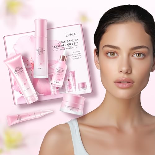 LAIKOU Sakura Skincare Set - 5-Piece Set with Cleanser, Toner, Serum, Eye Cream, and Essence Cream for Hydrating, Smoothing & Even Skin Tone for All Skin Types