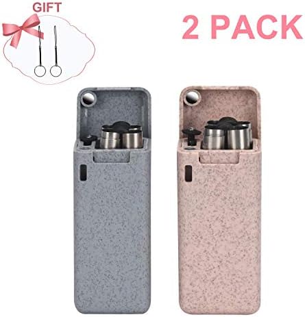 Collapsible reusable straw, stainless steel metal for premium food grade BPA free silicone tube drinking straw with portable case and easy cleaning with 2 key rings (2packs:blue&pink)