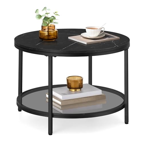 VASAGLE Coffee Table, Round Faux Marble, Tempered Glass Storage Shelf