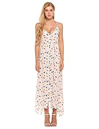 Acevog vestido Maxi de fiesta, con botones, motivo floral, sin mangas, para mujer