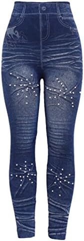Barfly Fashion Women's Ladies High Waist Thick Stretchy Denim Printed Denim Look Ripped Skinny Legging Jeggings