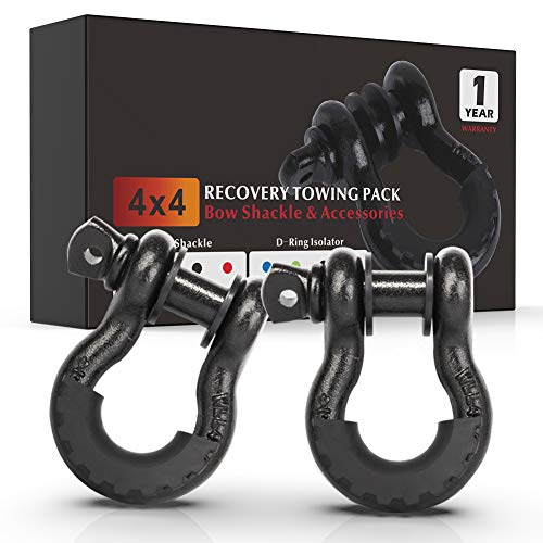 FieryRed 3/4" D Ring Shackle (2 Pack) 22,046Ibs Break Strength with 7/8" Locking Pin and Black Isolator & Washer Kits for use With Tow Strap, Winch & Bubba Rope, 1 Year Warranty