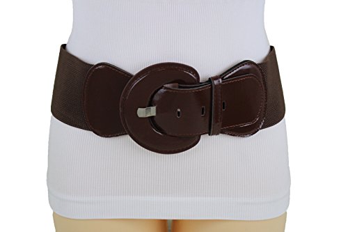TFJ Women Fashion Wide Stretch Belt Hip High Waist Brown Color Big Round Buckle M L XL
