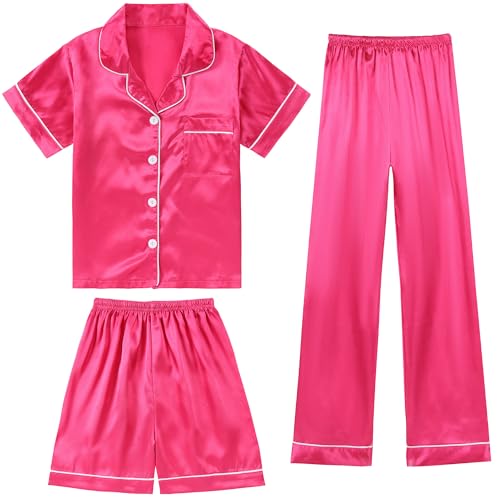 DIPUG 3 Piece Girls Silk Pajamas Set Soft Satin PJs Sleepwear for Comfortable Nights