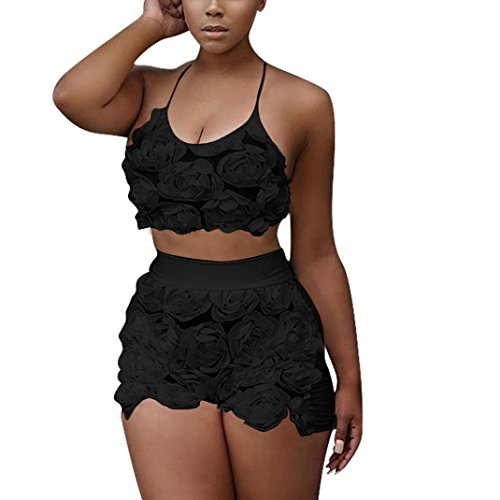 Teresamoon Clearance Sale Women Flower Vest Short Pants 2 Piece Set Outfit Sportswear (Black, XXL)