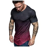 Orfilaly Men Causal Gym T-Shirt Summer Gradient Color Short Sleeve Beach Holiday Shirt Sports O-Neck Tops Blouse Red