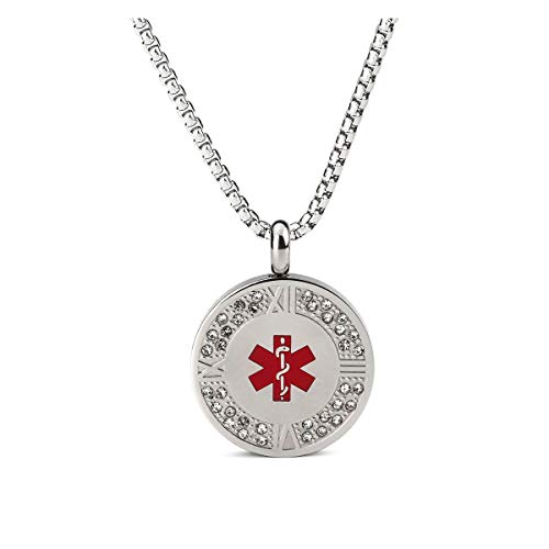 Medical Alert ID Necklace Stainless Steel Crystals Dog Tag for Women 24 inch Free Engraving - Thumbnail 5