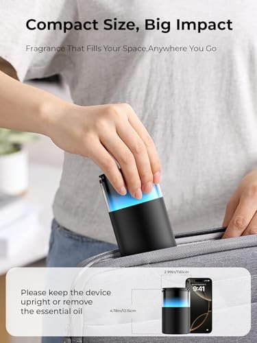 Pmsusoow Waterless Essential Oil Diffuser: 𝟗 𝐂𝐨𝐥𝐨𝐫𝐬 𝐋𝐄𝐃 Scent Diffuser for Home&Car&Office - Portable Diffuser with 48H Battery, 4 Timers & 3 Mist Levels, Carbon Black