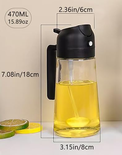 Oil Spray Bottle Kitchen, Oil Sprayer for Air Fryer, Olive Dispenser with 2 Cleaning Brush, 2 in 1 Premium Glass Canola Oil Mister Bottles for Salad, BBQ, Cooking Appliances, (16oz/470ml) (Black)