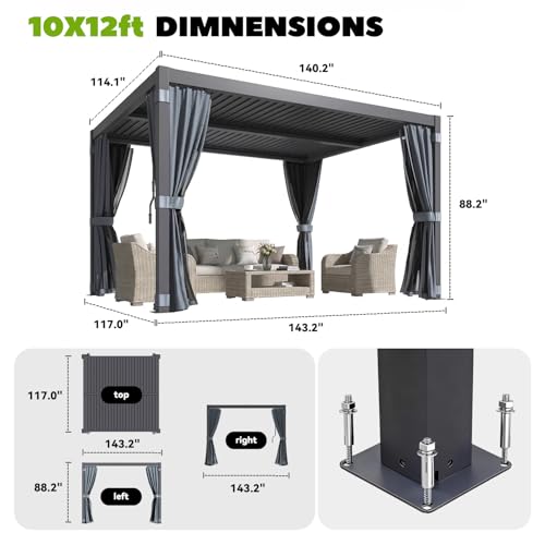MELLCOM Louvered Pergola 10'x12', Aluminum Pergola with Adjustable Louvered Roofs, Outdoor Gazebo with Waterproof Curtains and Nets (10'x12' Black)