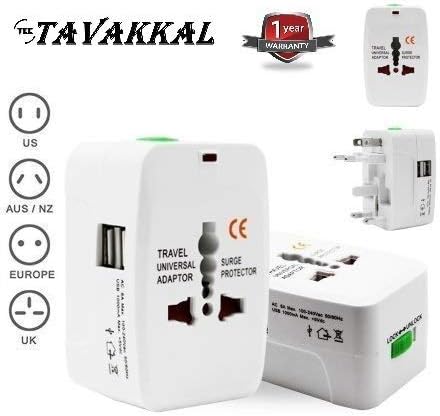 Tec Tavakkal Smart Universal Travel Adapter with Dual USB Charger Ports, Multi-Plug with Surge Protector Worldwide All in One Universal Power Wall Charger AC Power Plug Adapter with for compatible with smart Phone Mobile iphone Laptop camera tablet More Than 180 Countries
