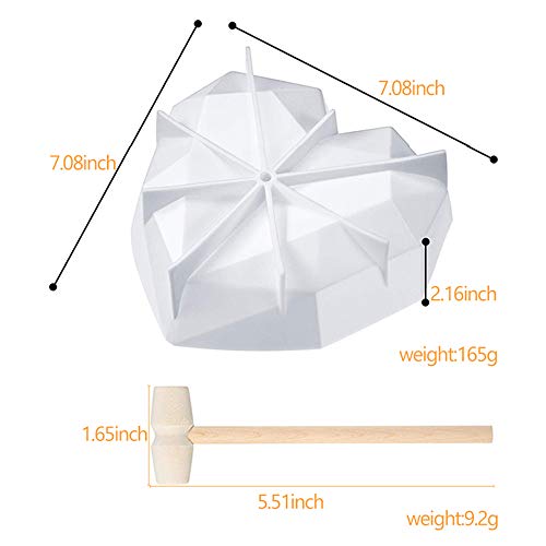 Diamond Heart Shaped Cake Mold Trays Kit, Silicone Chocolate Heart Mold with 5 Pieces Wooden Hammers, Non-Sticky Dessert Cookie Mould for Birthday, Valentine Candy, Chocolate Making