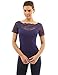 PattyBoutik Women's Scalloped Lace Inset V Neck Top (Navy Blue L)