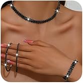 fxmimior Boho Fashion Prom Shinny Black Rhinestones Choker Necklace Earrings Bracelet Set Dainty Black Hoop Large Circle Earrings Layered Silver Black Halloween Christmas Necklace for Women