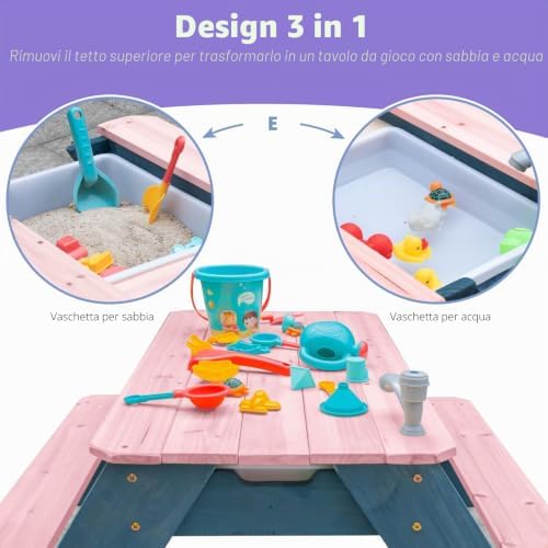 Kids - Tavolo da picnic 3 in 1 per attività in legno e acqua, per esterni, trasformabile, con ombrello, 2 scatole da gioco, parte superiore rimovibile, per esterni (rosa/blu marino)
