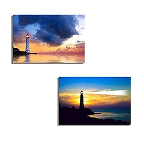 Beautiful Scenery of Red Dramatic Sunset with Lighthouse on Island in Sea - Canvas Art Wall Art - 16"x24" x 2 Panels