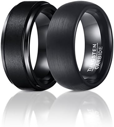 SOLEED Rings - Set Of 2 - 8mm Black Tungsten Carbide Wedding Rings For Men, 1 Matte Center and Step Edge Band and 1 Enamel Domed Round Brushed Band, Comfort Fit, Size 7