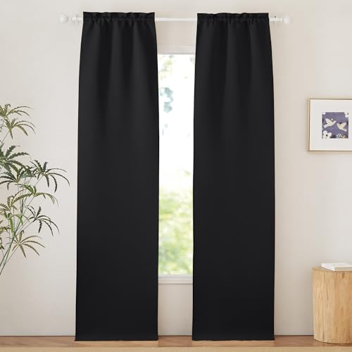 PONY DANCE Door Curtain Blackout Curtains Kitchen Curtain Window and Door 60 x 240 cm Curtain Bedroom Thermal Insulated Curtains Cold and Heat Living Room Curtains, 2 Pieces, Black