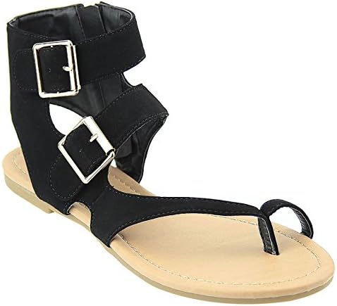 New Womens Strappy Roman Gladiator Sandals Flats T Strap Thongs Shoes (9, BlackHoldr)