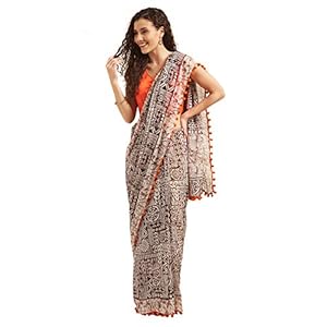 Womanista Women’s Batik Print Georgette Saree with Pom (TI1425_Off White & Brown)