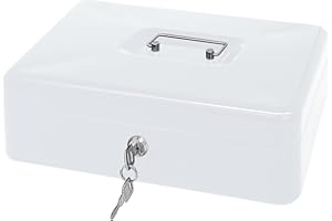 PACOLO Steel Cash Box with Key Lock, Metal Small Money Organizer with Money Tray,Cash Storage Box with Lockable Cover (White- 11.8" x 9.4" x 3.5")