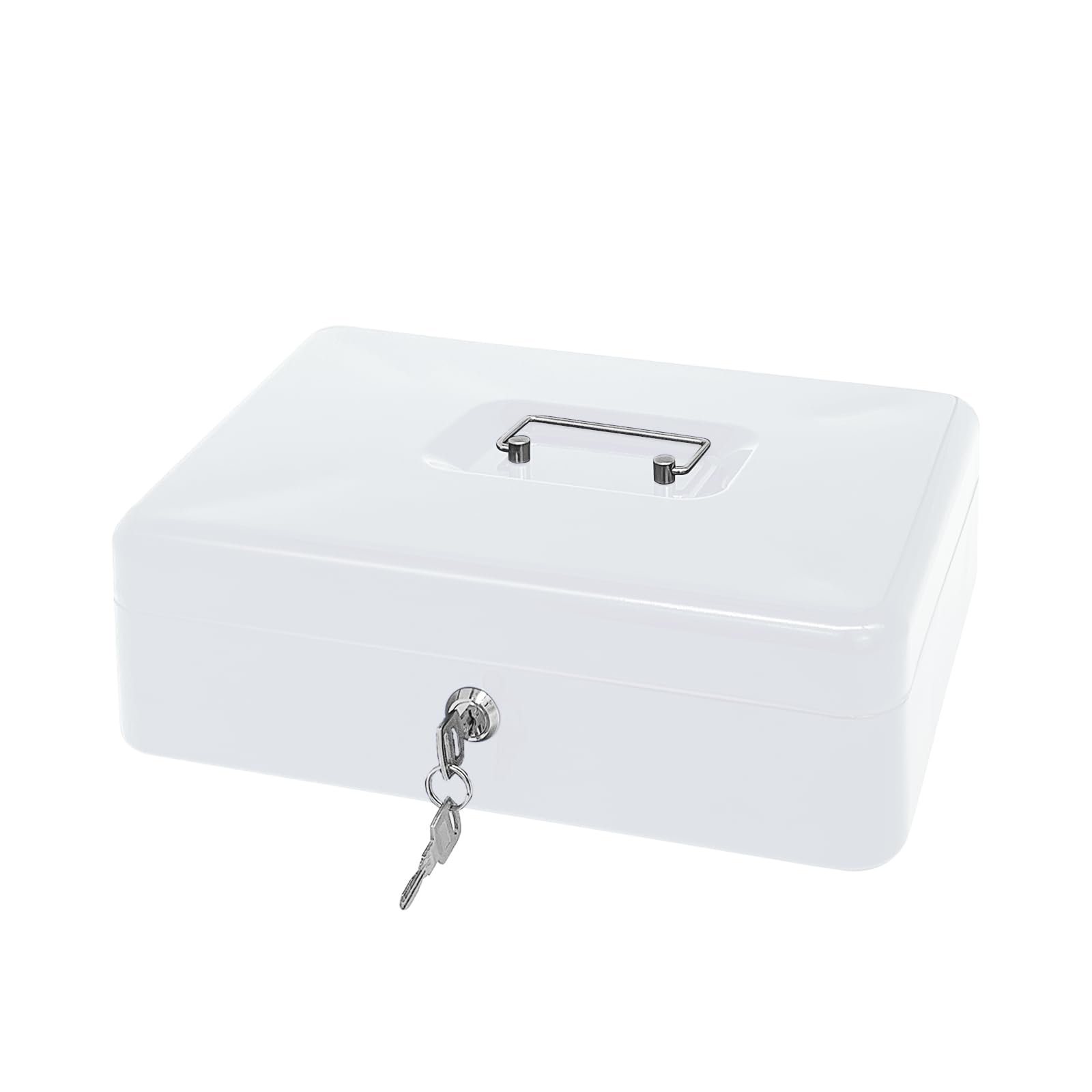 Steel Cash Box with Key Lock, Metal Small Money Organizer with Money Tray,Cash Storage Box with Lockable Cover (White-30 * 24 * 9 CM)