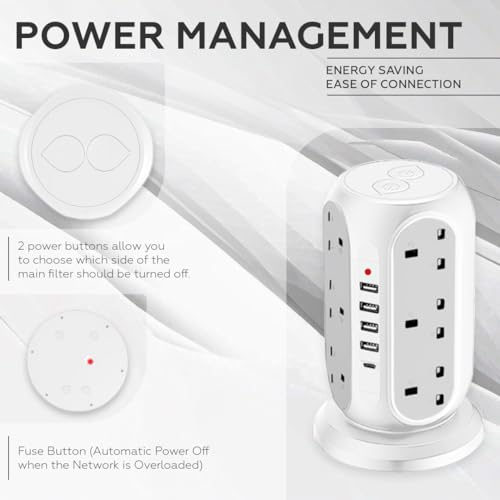 AMROAH 4000W 2m Cord Extension Tower Strip 12 Outlets 4 USB A 1 Type C 2 Switch, Surge Protector Multi Extension Tower Lead Multiplug Socket, Extension Cord with Multiple Plug for Home Office (White)