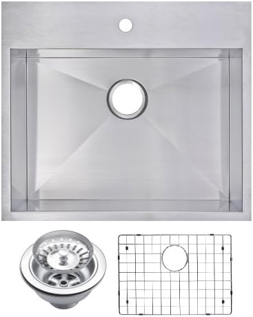Water Creation SSSG-TS-2522A 25" X 22" Zero Radius Single Bowl Stainless Steel Hand Made Drop In Kitchen Sink With Drain, Strainer, And Bottom Grid Premium Scratch Resistant Satin Stainless Steel