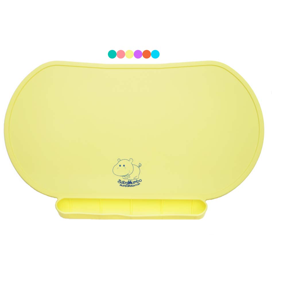 Children Place Mat by Baby Mumbo, Premium Quality, Food Grade Silicone for Maximum Hygiene, Unique Raised Edges Design and Spill Proof Accident Tray, Lightweight and Portable, 6 Colors (Yummy Yellow)