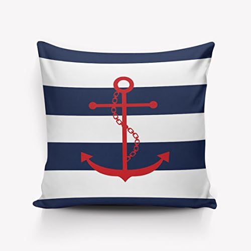 Nautical Red Anchor Navy Blue and White Stripe Throw Pillow Indoor Cover Pillow Case For Home Sofa Car Office 18"x18"(Two Sides,Satin)