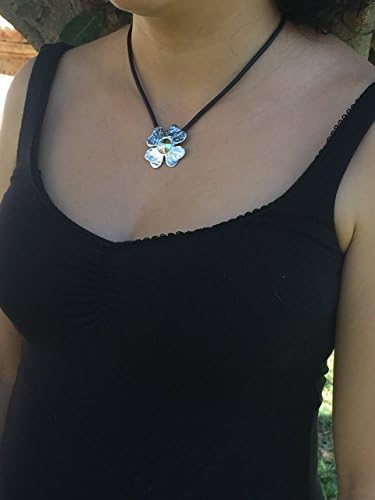 Handmade Designer Four Leaves Clover Sterling Silver Black Silicone Unisex Pendant Necklace by Spiral Jewelry.