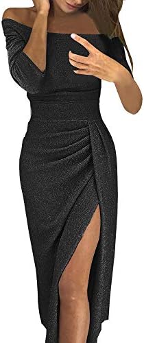 Women Maxi Dresses,Cinsanong Sale Long Sleeve Off Shoulder Dresses Solid Fashion Evening Party Long Dresses Black